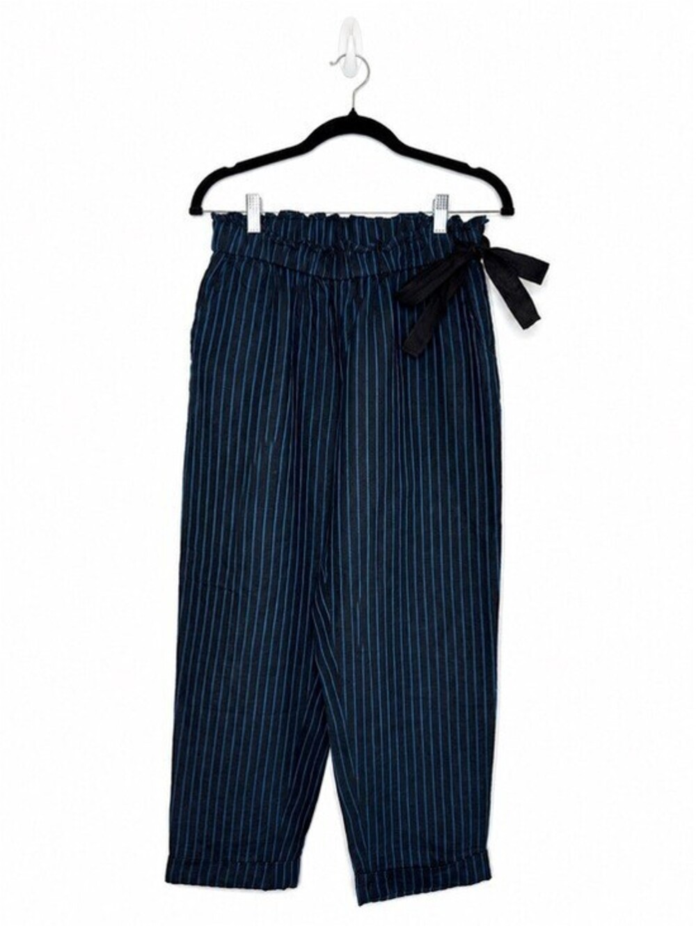 WRAP London Linen Blend Paperbag Waist Blue Pinstripe Cropped Pants US 8